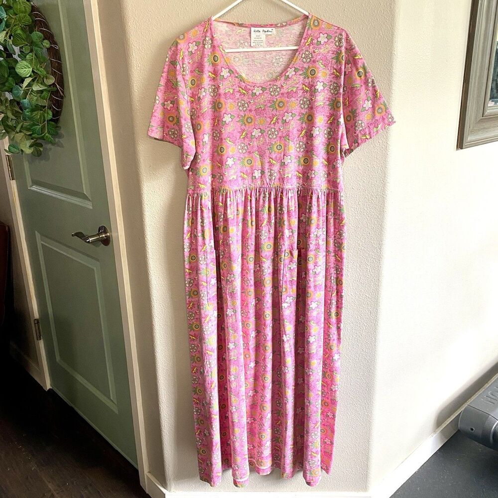 Vintage Ulla Popken Pink Smocked Maxi Dress Elephant Print Size 2X Whimsy